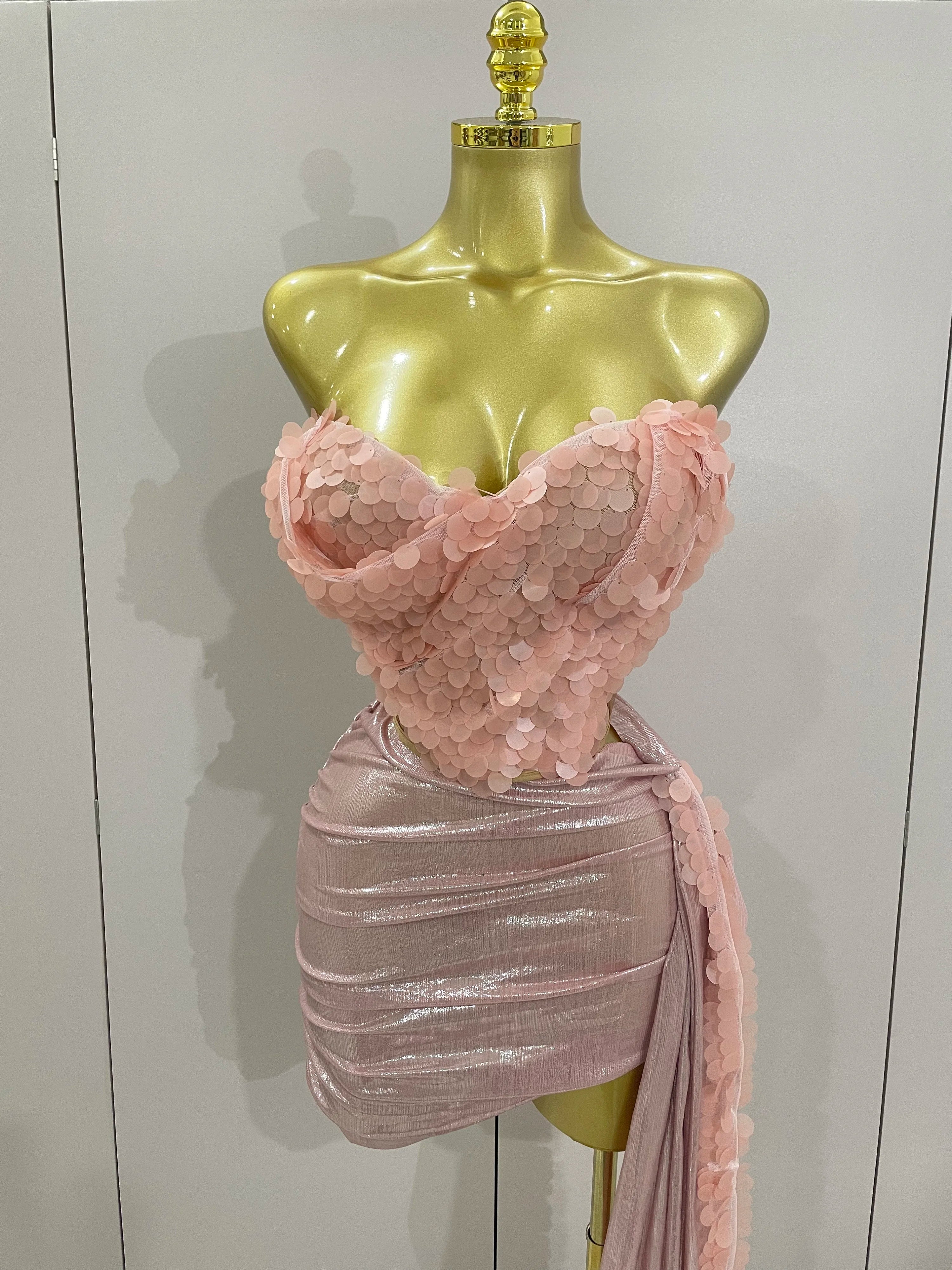 2025New Sexy Pink Sequin Strapless 2 Pieces Bodycon Mini Dress Women Celebrate Birthday Party Bar Singer Nightclub Stage Costume Pink