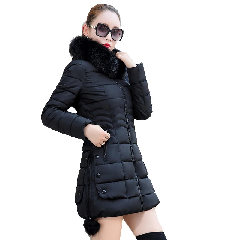 Winter Jacket Women winter coat pure color casual Fur Collar Hooded long hooded cotton lady jacket black