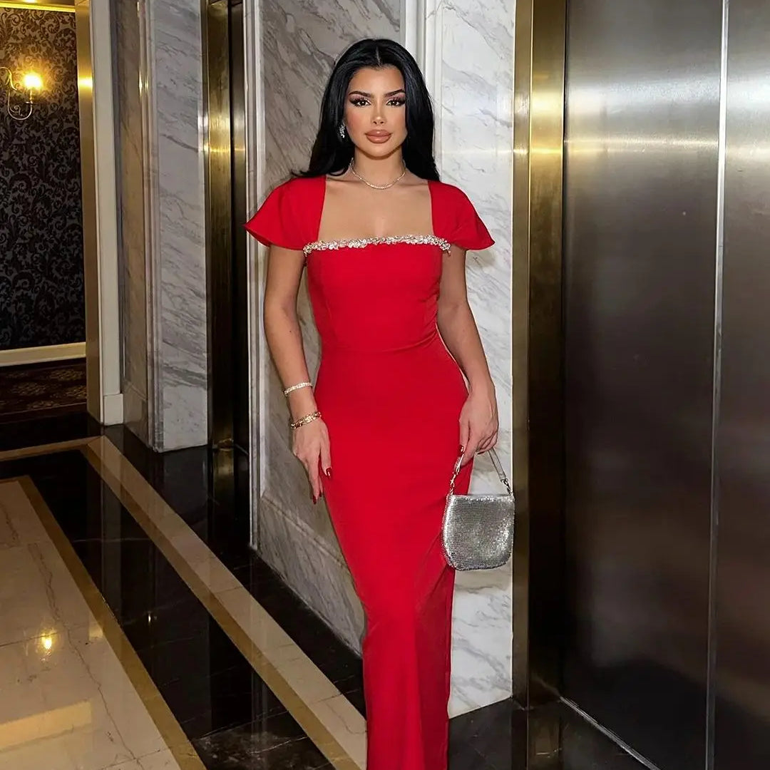 Red Black Women Sexy Square Collar Shinning Crystal Bodycon Bandage Long Dress Fashion Elegant Evening Party Celebrate Wear