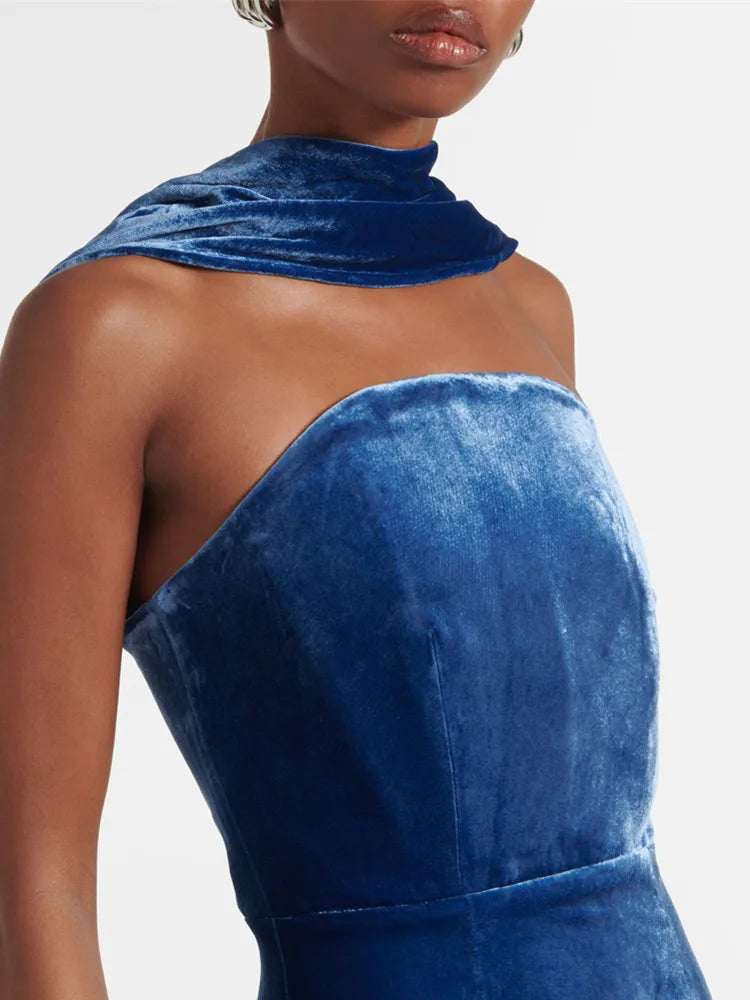 Chic Luxury Women Celebrity Sexy Tank Velvet Blue Maxi Long Gowns Dress 2025 Elegant Evening Party Club Vestido