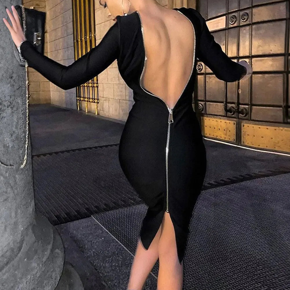 2024 Sexy Women's Dress Front and Back Wearable O-neck Long sleeved Bodycon Zipper Design Midi Dresses Evening Party Vestidos