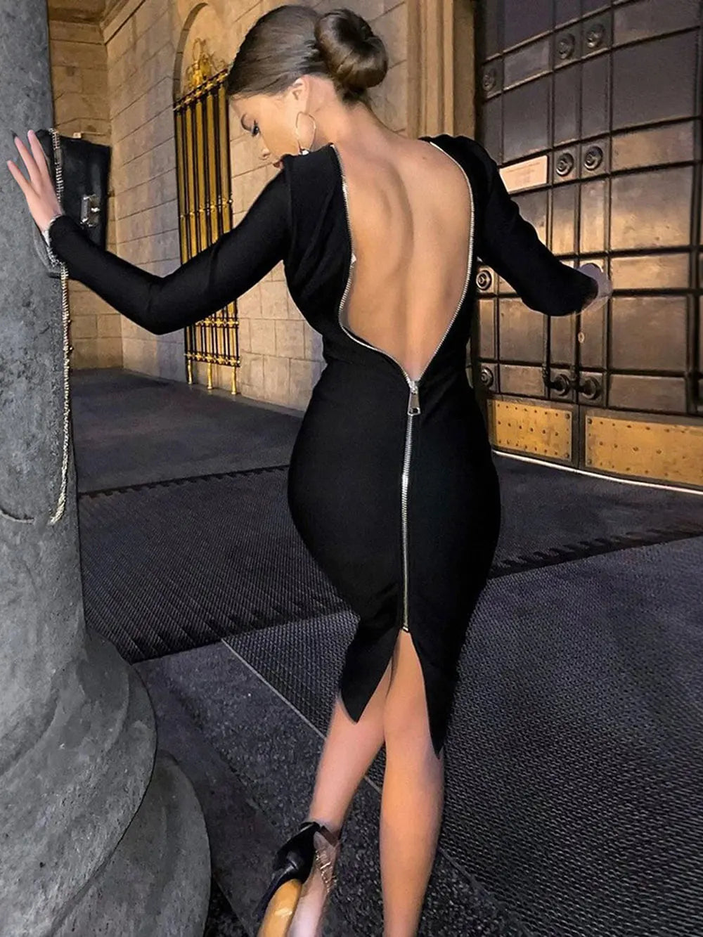 2024 Sexy Women's Dress Front and Back Wearable O-neck Long sleeved Bodycon Zipper Design Midi Dresses Evening Party Vestidos