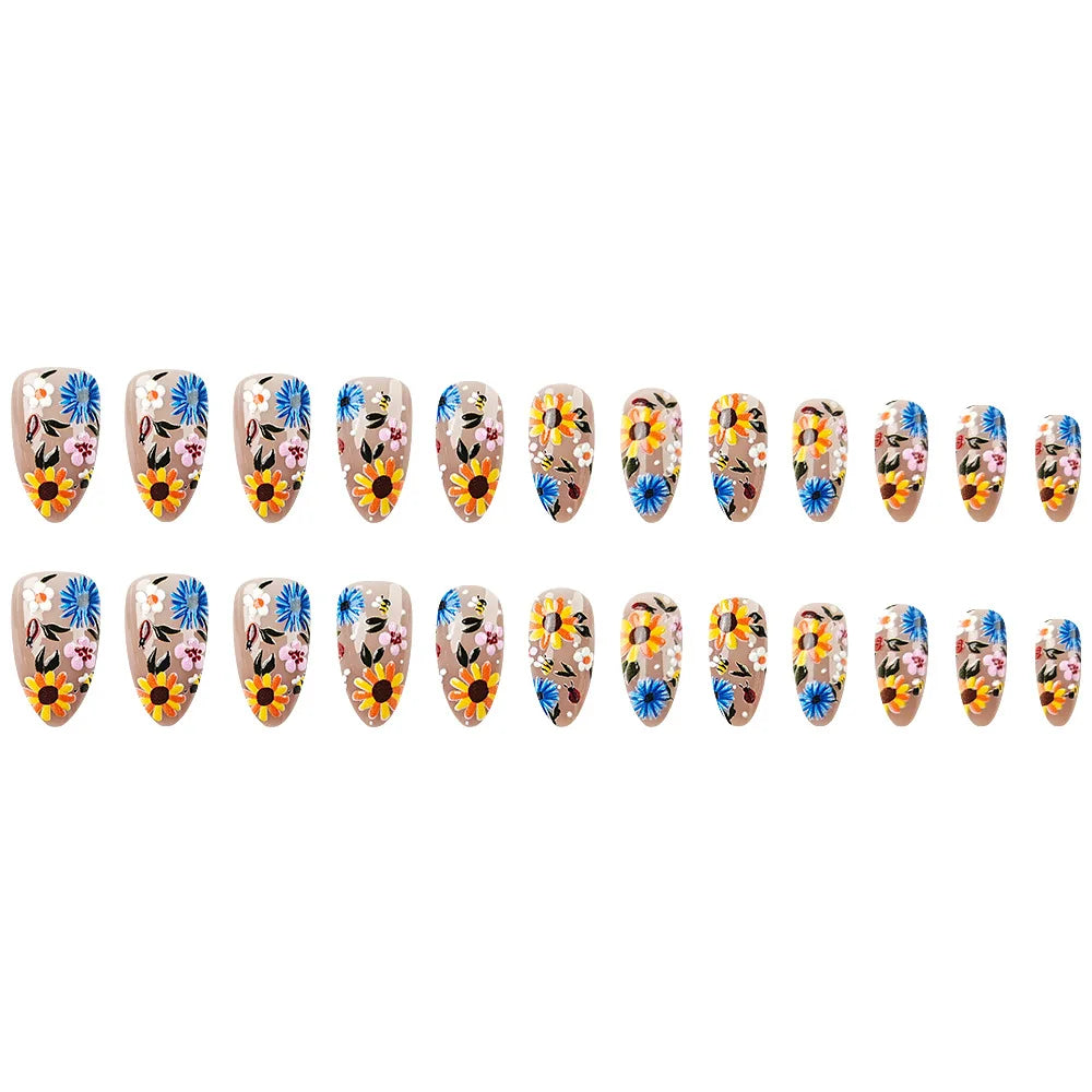 24pcs Garden Style False Nails With Colorful Flower Designs Glossy Almond Press On Nails Full Cover Artificial Autumn Fake Nail