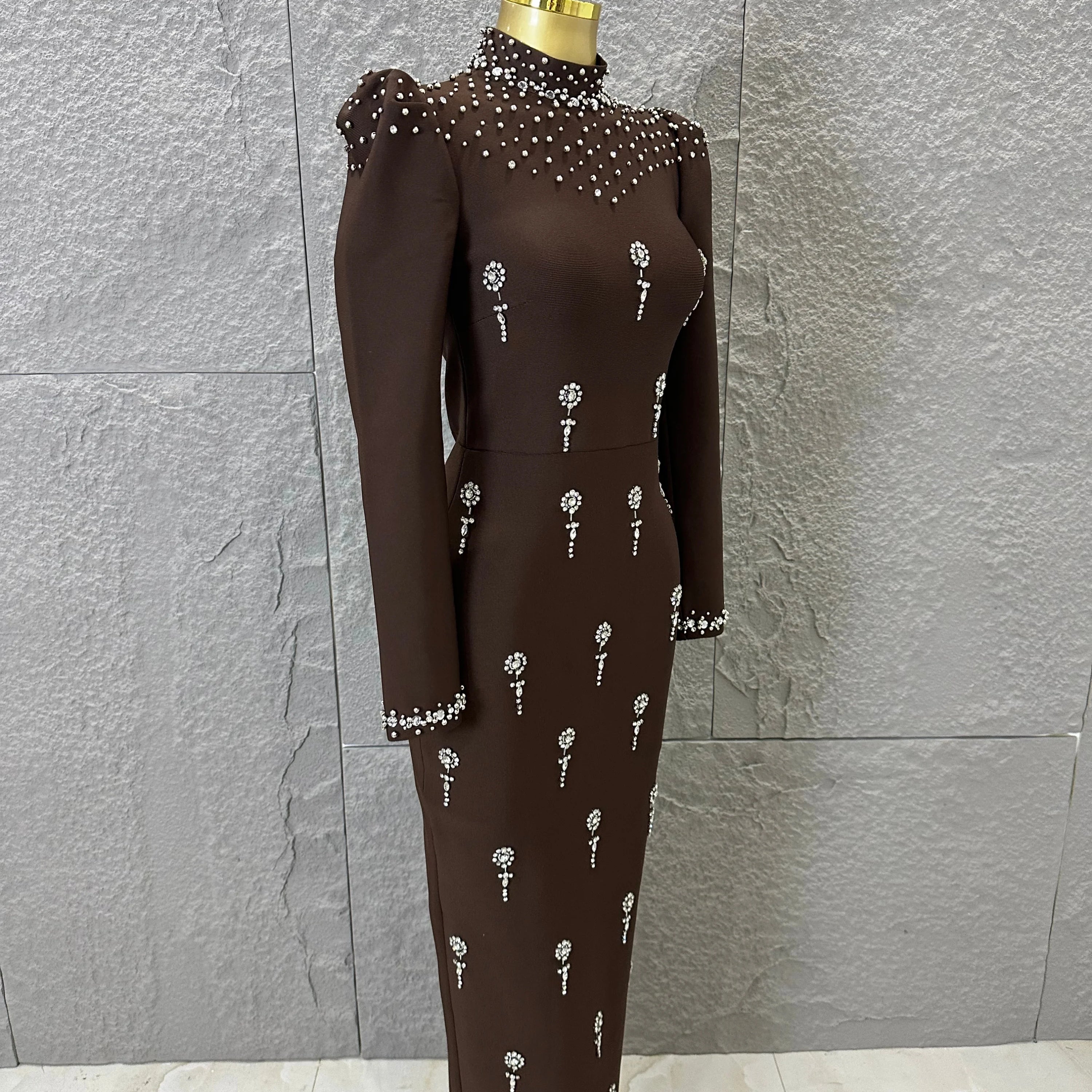 Sophisticated Brown High Neck Maxi Dress Women Sexy Long Sleeve Crystal Pearl Embellished Bodycon Outfit Cocktail Party Costume