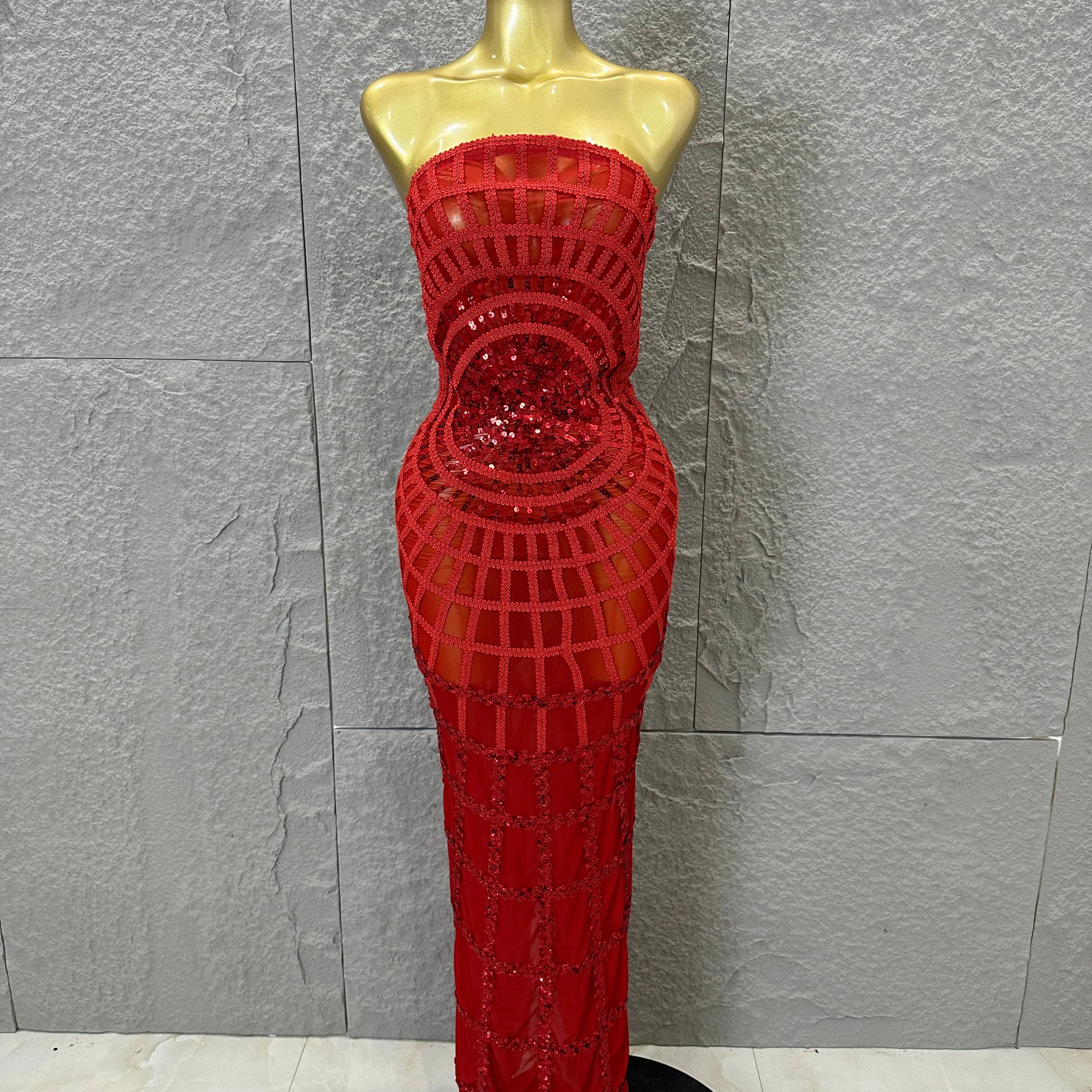 Elegant Sequined Sheer Mesh Maxi Dress Women Sexy Strapless 3D Grid Embellished Bodycon Mermaid Outfit Stage Performance Costume Red
