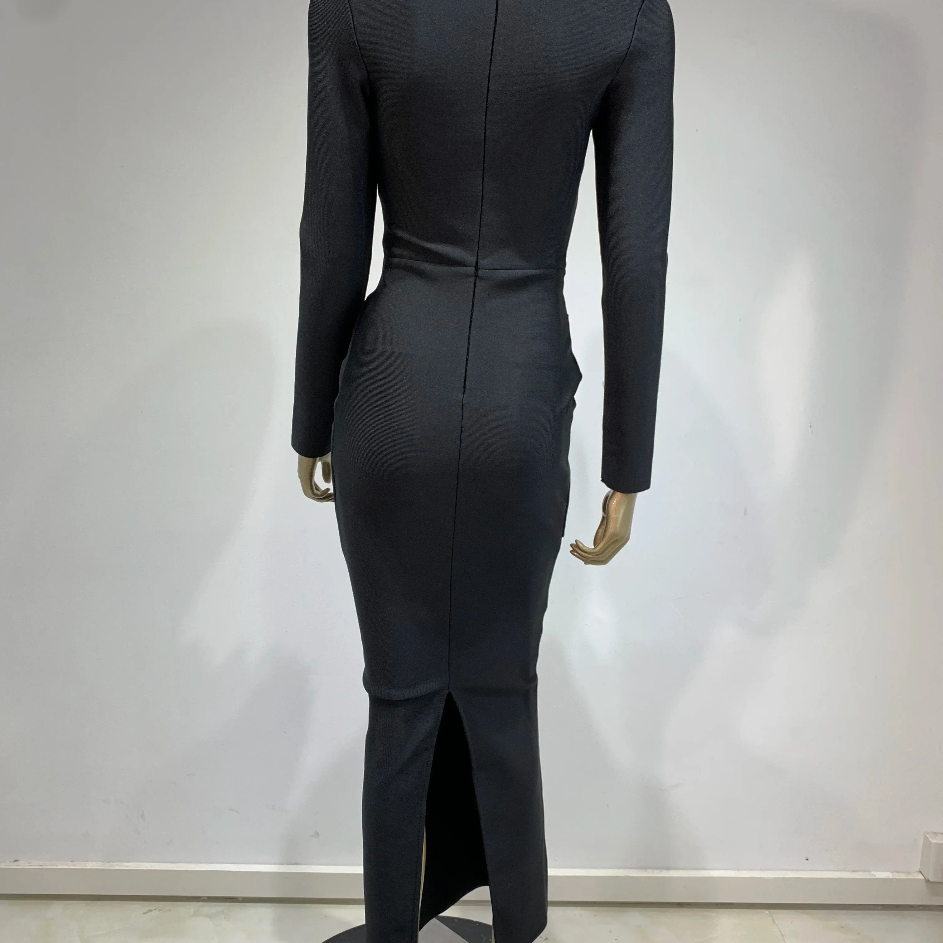 Women Celebrity Sexy Long Sleeve Beading Ruffles Black Maxi Long Bodycon Bandage Dress 2025 Elegant Evening Club Party Dress