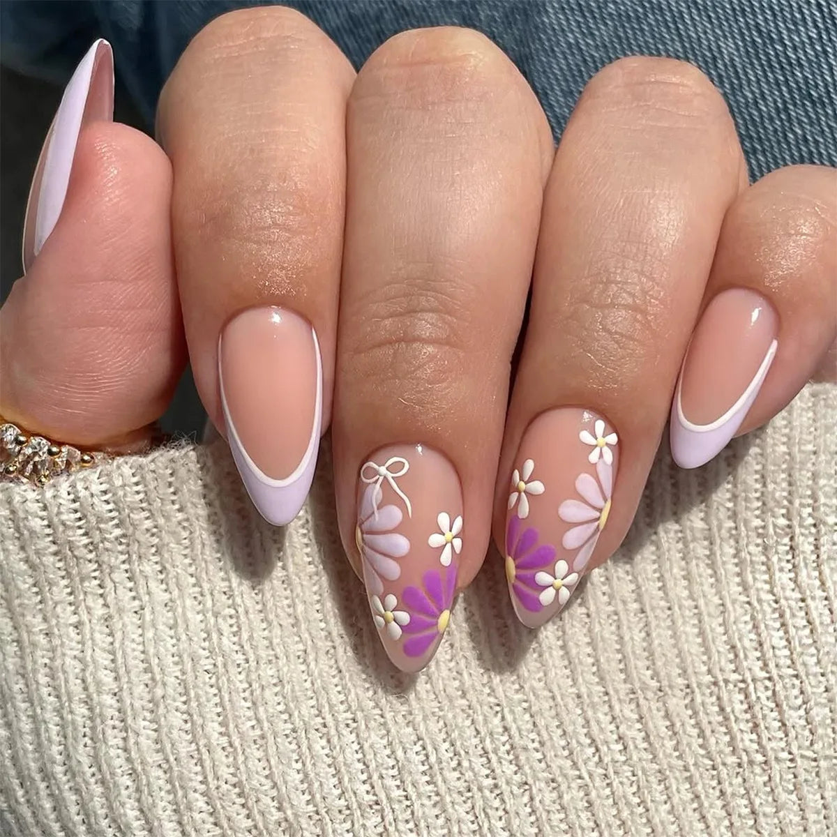 24Pcs Almond Press on Fake Nails Mid-length Round Head Nails Set with Yellow Flowers Designs Wearable French False Nail Tips 3793