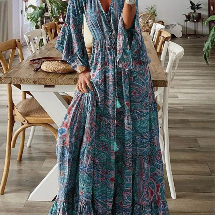 Women Vintage Print Long Dress 2024 Summer Sexy V Neck Short Sleeve A-line Dress Female Elegant Elastic Waist Maxi Dresess Robe EA08432-Blue