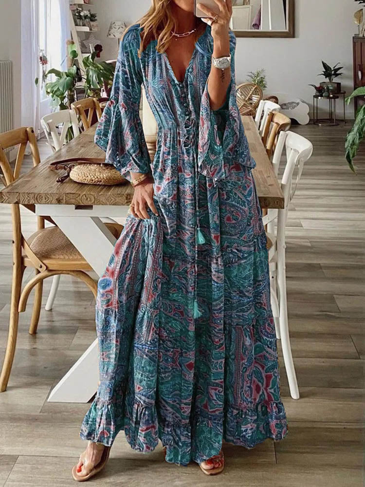Women Vintage Print Long Dress 2024 Summer Sexy V Neck Short Sleeve A-line Dress Female Elegant Elastic Waist Maxi Dresess Robe EA08432-Blue