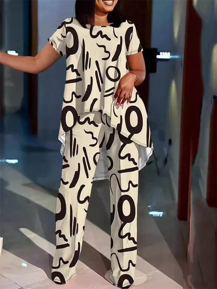 Wmstar Women Plus Size Two Piece Set 5XL Summer Casual Print T Shirt Wide Leg Pants Female Outfits Wholesale Dropshipping 2024 apricot