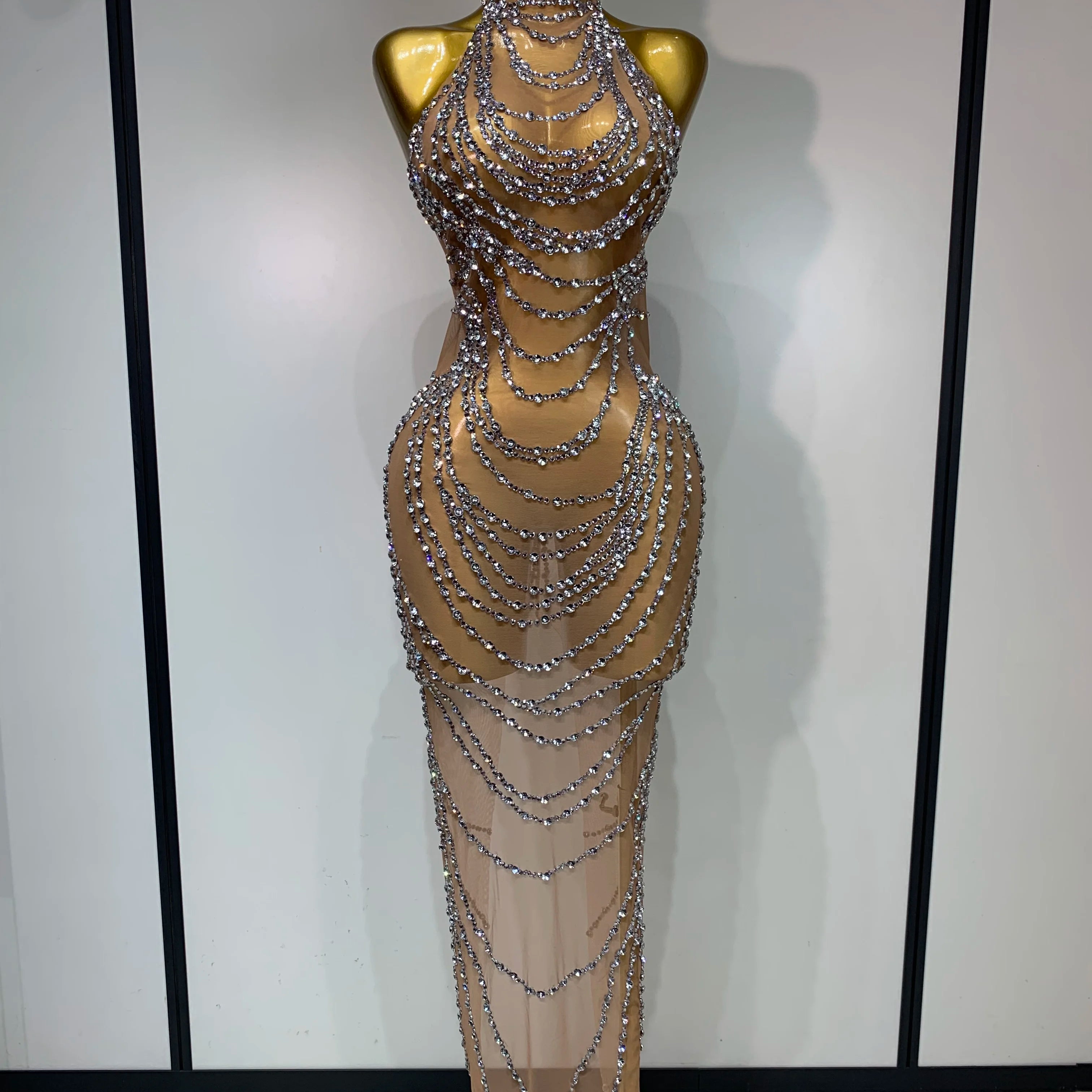 Luxury Rhinestone Sparkly Sexy Transparent Mesh Long Dress 2025 Women Birthday Party Gown Stage Singer Performance Costume Silver