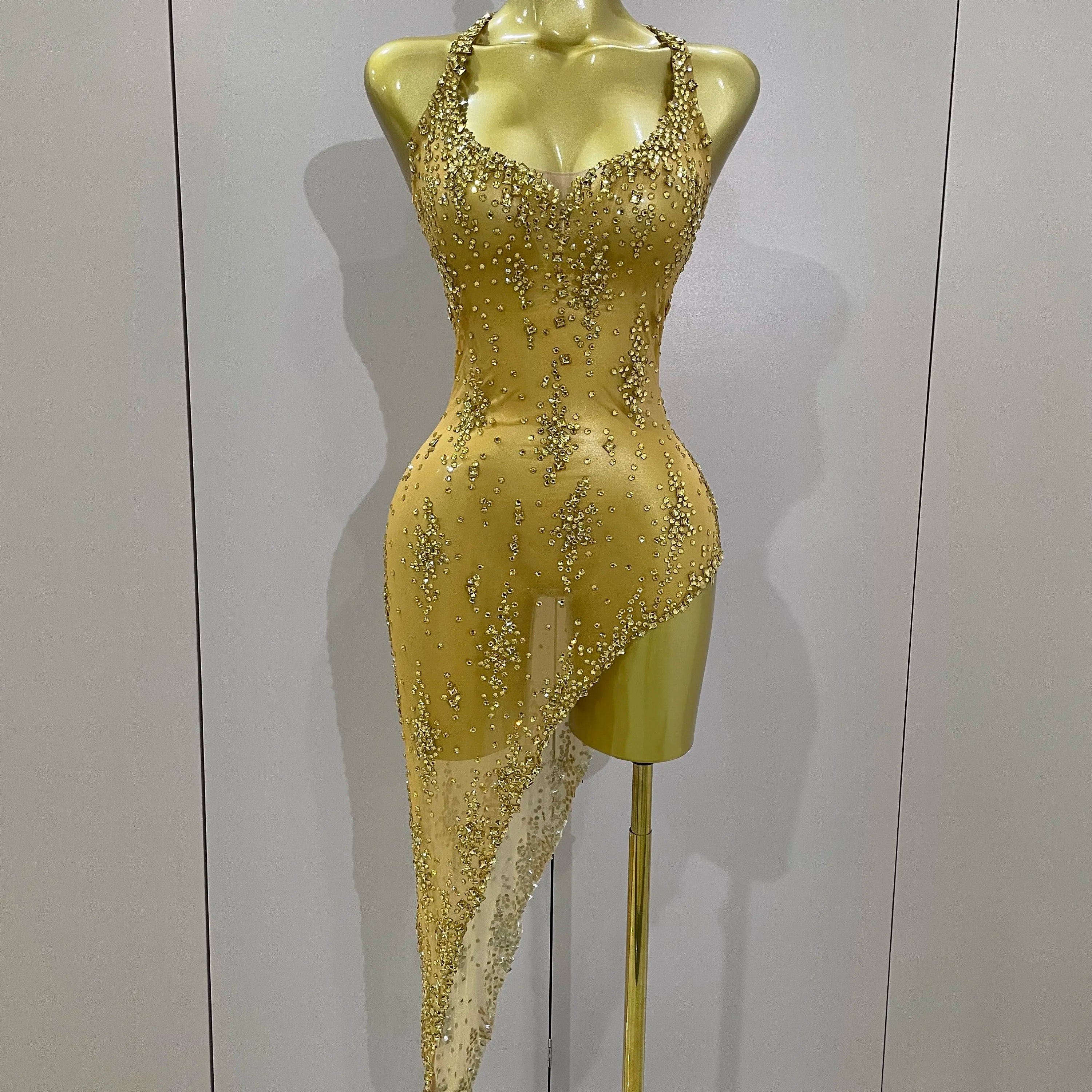 2025 New Sparkly Rhinestone V Neck Stretch Mesh Sexy See Through Dress Women Elegant Party Celebrate Perform Costume Stage Outfi Gold