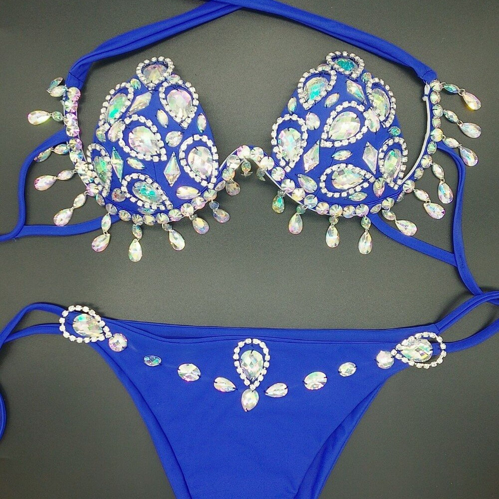 Sexy Women's Gathered Swimsuit Push Up Rhinestone Triangle Bikini Luxury Crystal Diamond Girls Swimwear Blue