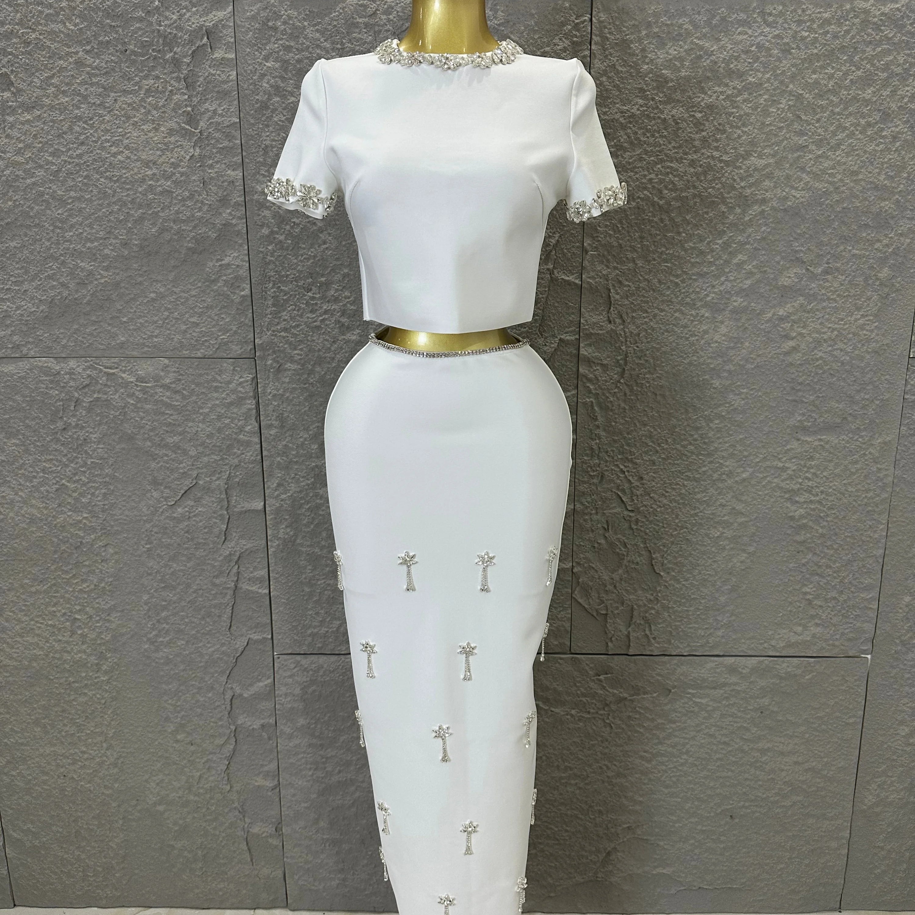 Black White Two Piece Set Women Elegant Short Sleeve Beaded Crop Top High Waist Pencil Midi Skirt Formal Suit Ivory