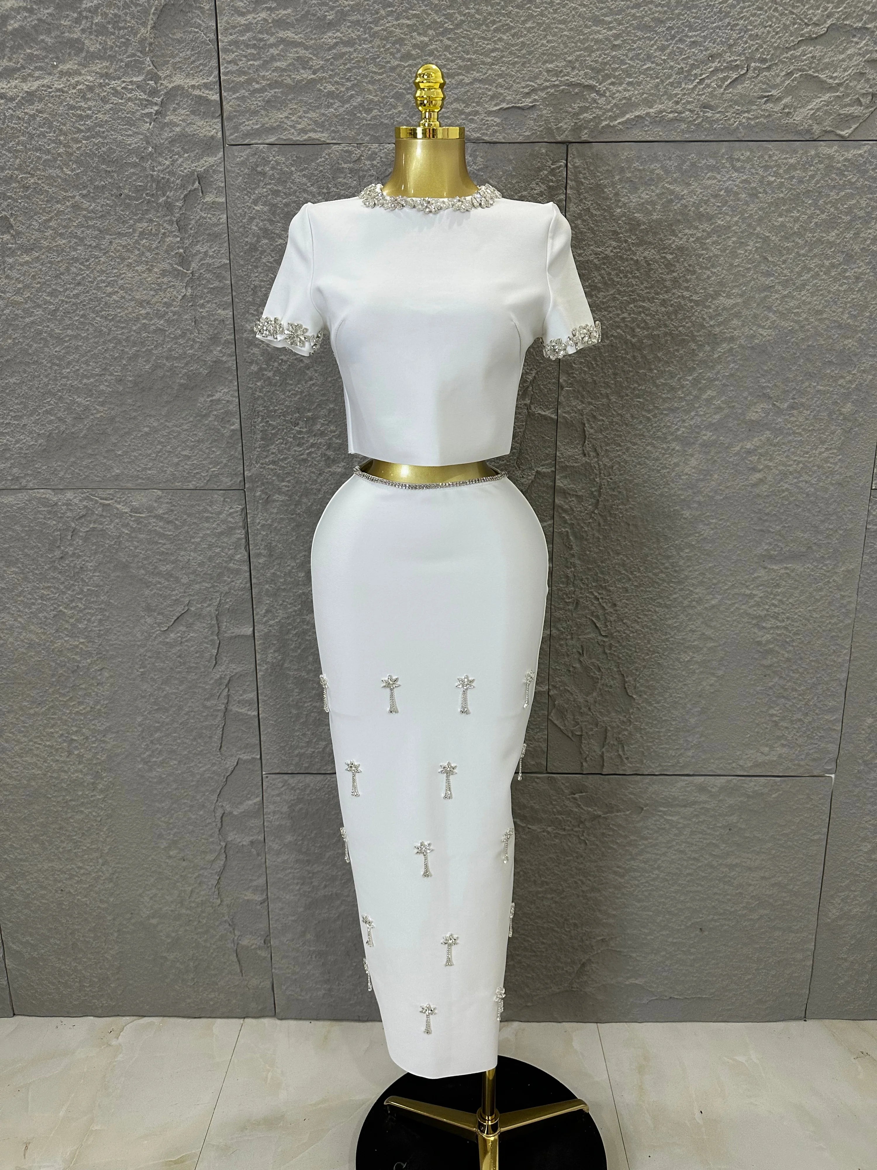 Black White Two Piece Set Women Elegant Short Sleeve Beaded Crop Top High Waist Pencil Midi Skirt Formal Suit Ivory