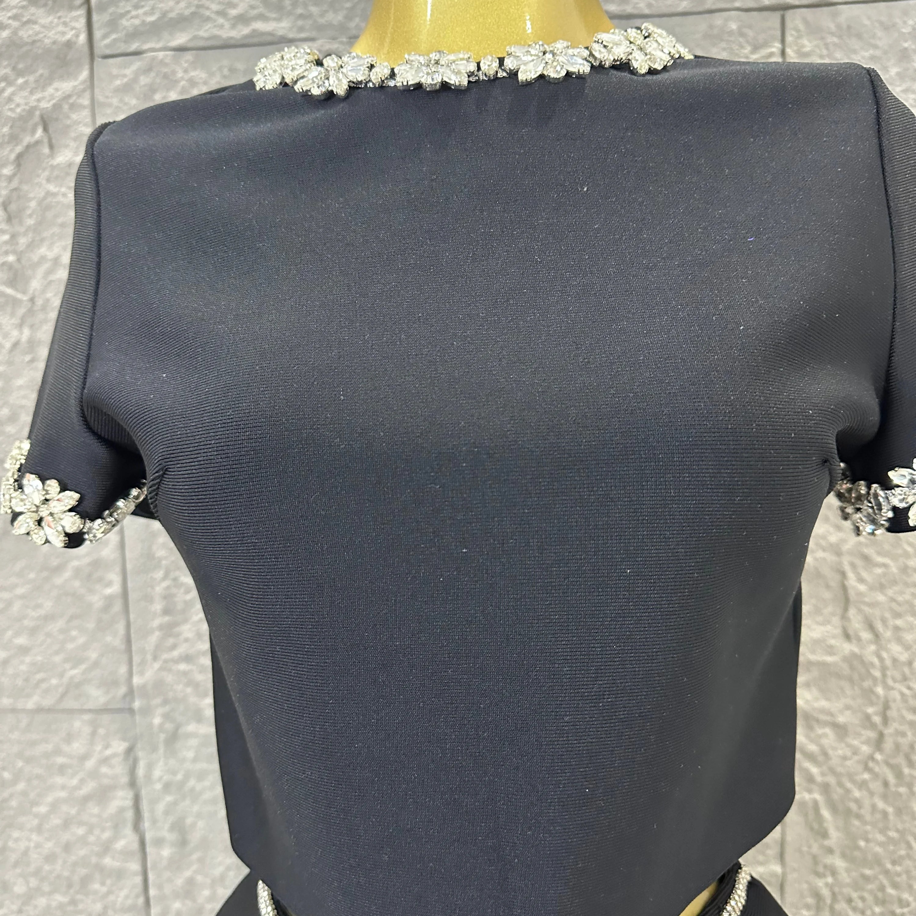 Black White Two Piece Set Women Elegant Short Sleeve Beaded Crop Top High Waist Pencil Midi Skirt Formal Suit
