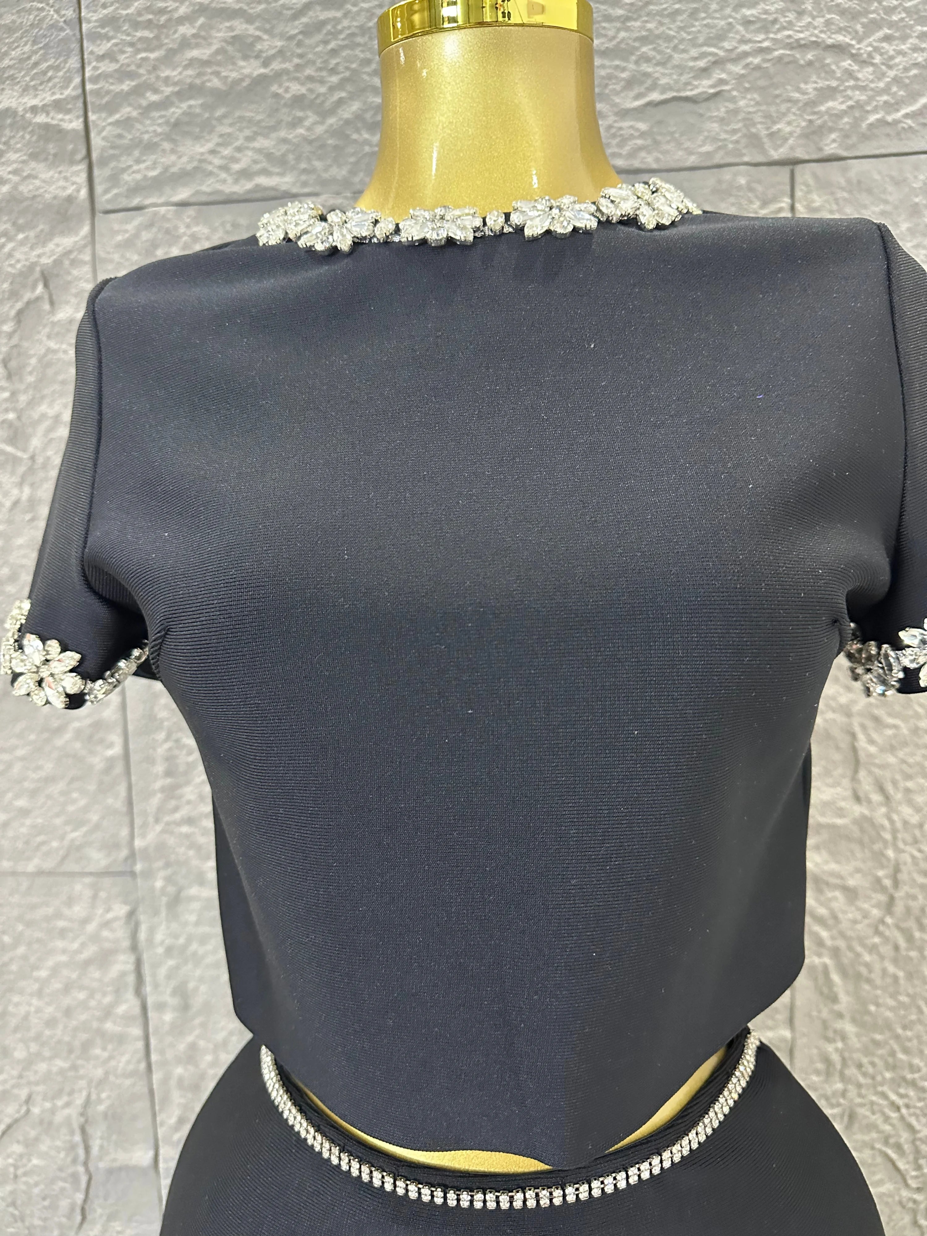 Black White Two Piece Set Women Elegant Short Sleeve Beaded Crop Top High Waist Pencil Midi Skirt Formal Suit