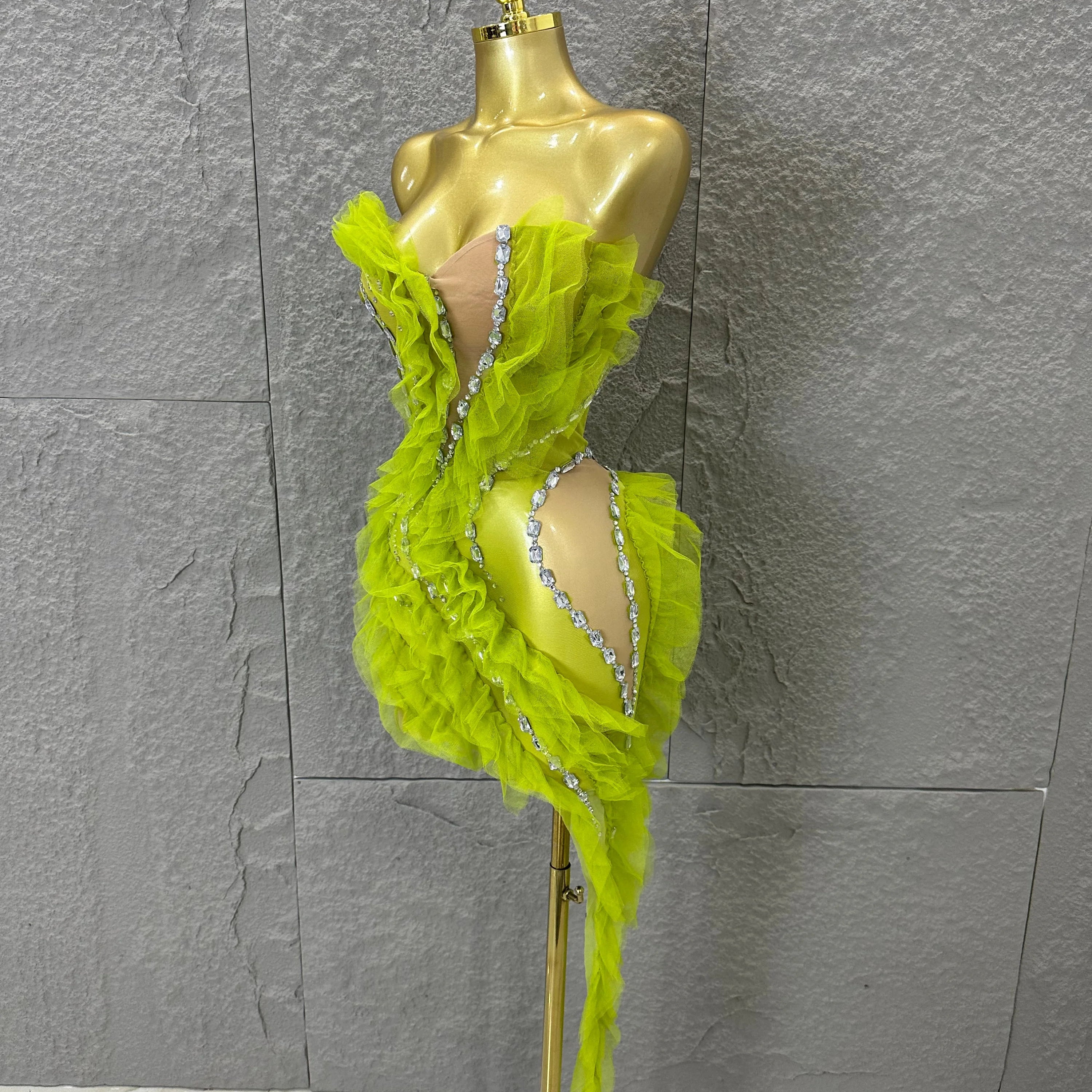 Luxury Green Sheer Mesh Ruffle Dress Neck Crystal Rhinestone Trim Cut Out Slim Fit Evening Wedding Guest Cocktail Party Dress