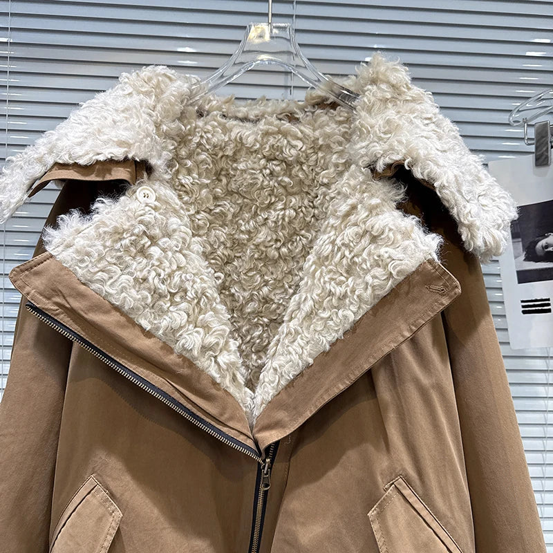 Winter New Fashionable Sailor Collar Fur Fleece Reversible Parka Coat For Women Loose Warm Jacket Female 11A07856