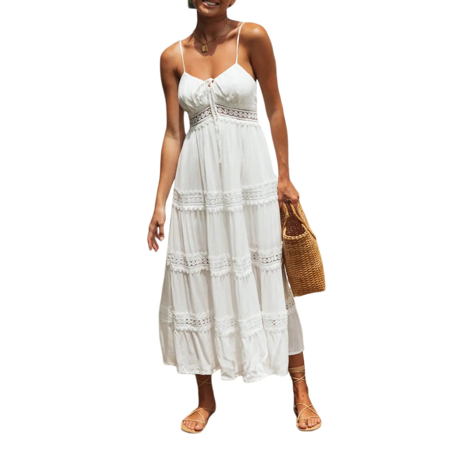 Summer Solid Tunic Women Maxi Dress V Neck Female Elegant Ruffles Party Long Dresses Beach Spaghetti Strap Casual Sundress 4 XL