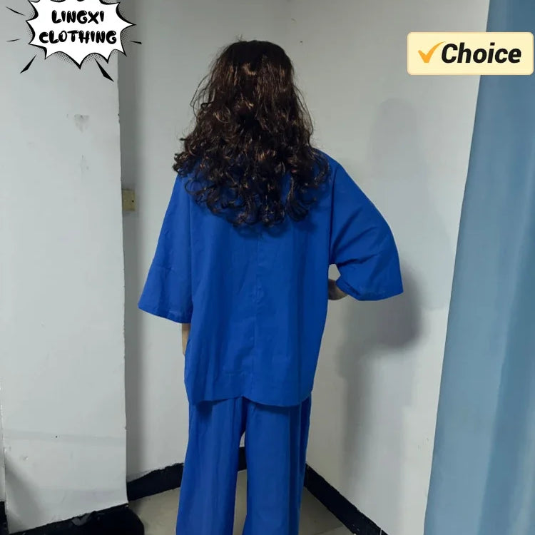 Summer Fashion New Style Matching Series Round Neck Cotton Linen Top High Waist Wide Leg Long Pants Set Plus Size Women's Wear