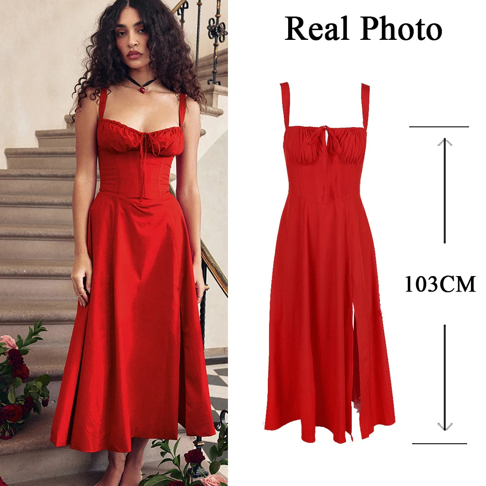 Suninheart Women's Summer Floral Print Dresses Sweet Elegant Midi Holiday Dress Casual Slit Blue Lace Up Dresses 2023 red