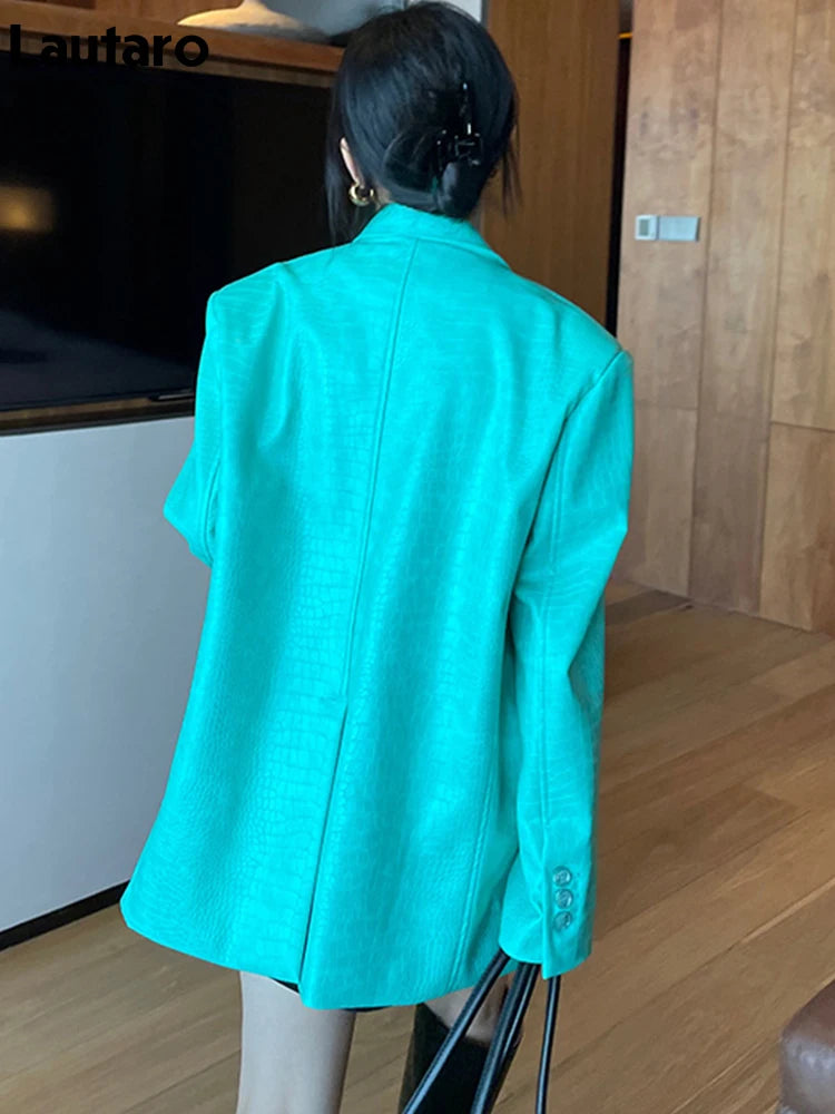 LautaroSpring Autumn Loose Casual Crocodile Print Faux Leather Blazer Jacket for Women Double Breasted Luxury Korean Fashion