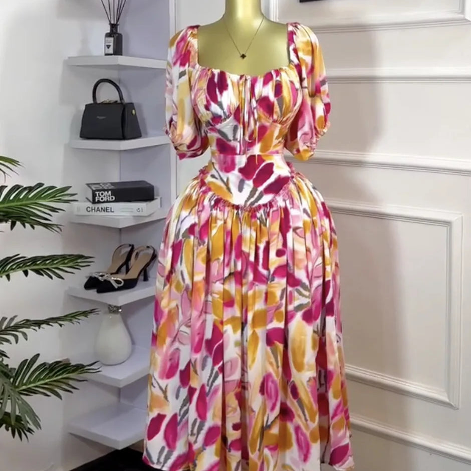 Women Tulip Foral Printed Lantern Short Sleeve Big Swing High Waist Dress 2025 Chic Birthday Party Vestidos Sexy Dresses