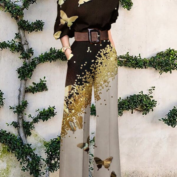 Print Jumpsuit Women Autumn and Spring 2024 New Fashion Long Sleeve Lapel Loose Casual Elegance Green Jumpsuits Print 1 (No Belt)