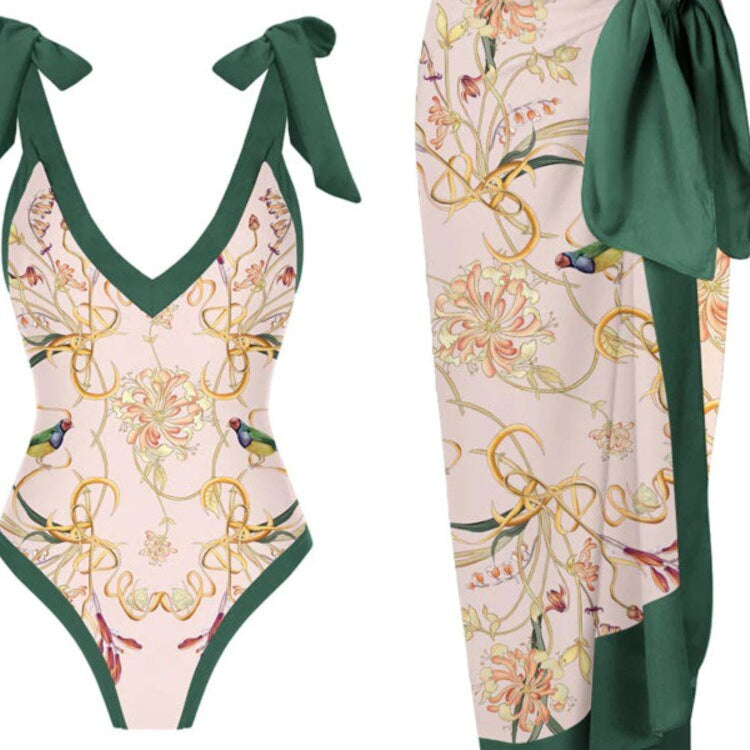 Skirt Cover Up Bodysuit Set Women Bandage Bathing Suit Swimwear Summer New Fashion Print Beach Holiday Bodysuit Cover Up Outfits