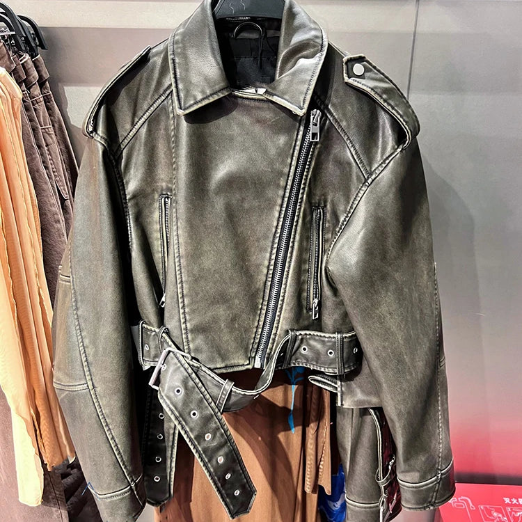 Lautaro-Women's Short Loose PU Leather Biker Jacket, Zipper , Retro Female Streetwear, European Fashion, Cool, Spring, Autumn, charcoal