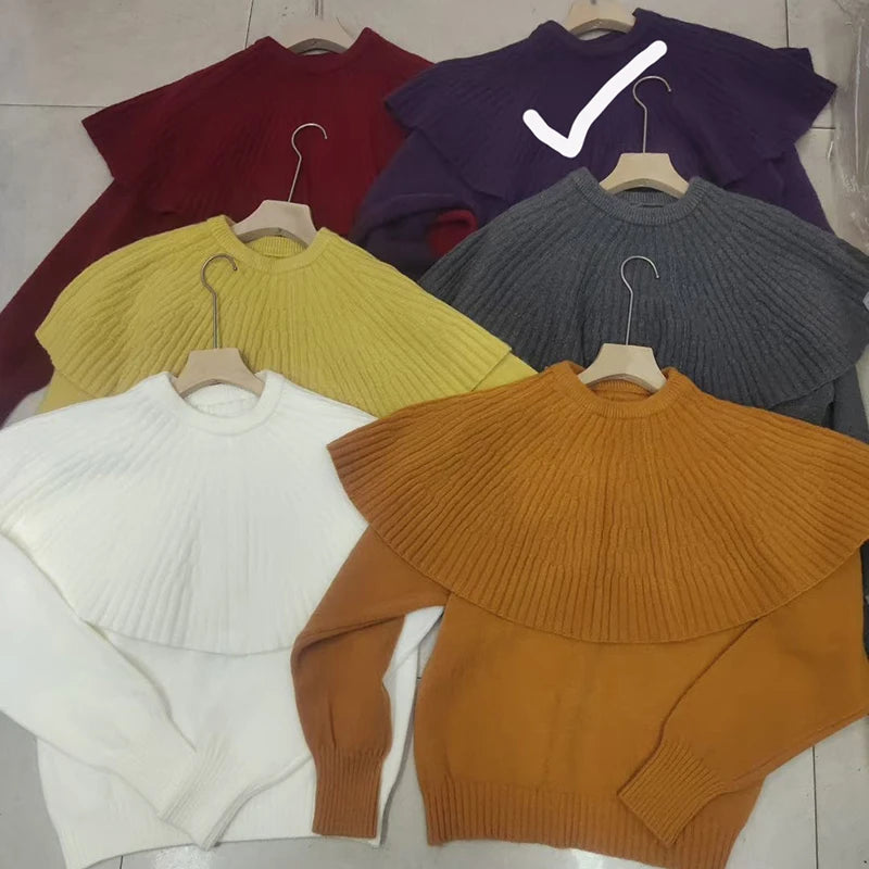 Autumn Winter New Design Fake Two-Piece Shawl Long Sleeve Pullover Sweater For Women Knitted Top Female Trend 11A07562 Purple One Size