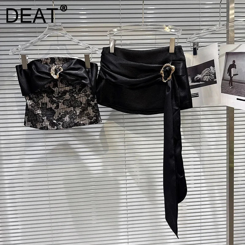 Winter New Fashion Bow Lace Patchwork Strapless Top For Women Ribbon Wrapped Hip Short Skirt Female Trend 11A07752