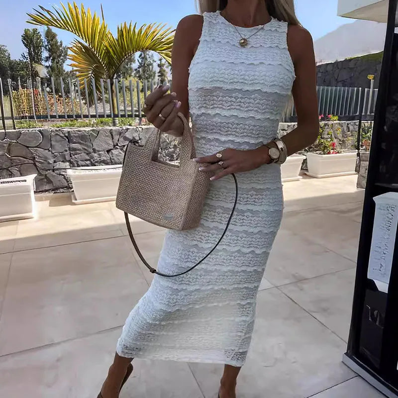 Sexy Jacquard Bodycon Wrap Dresses Chic Women Sleeveless O-neck Temperament Party Dress New Elegant Solid Split Long Dress 2024 01 White