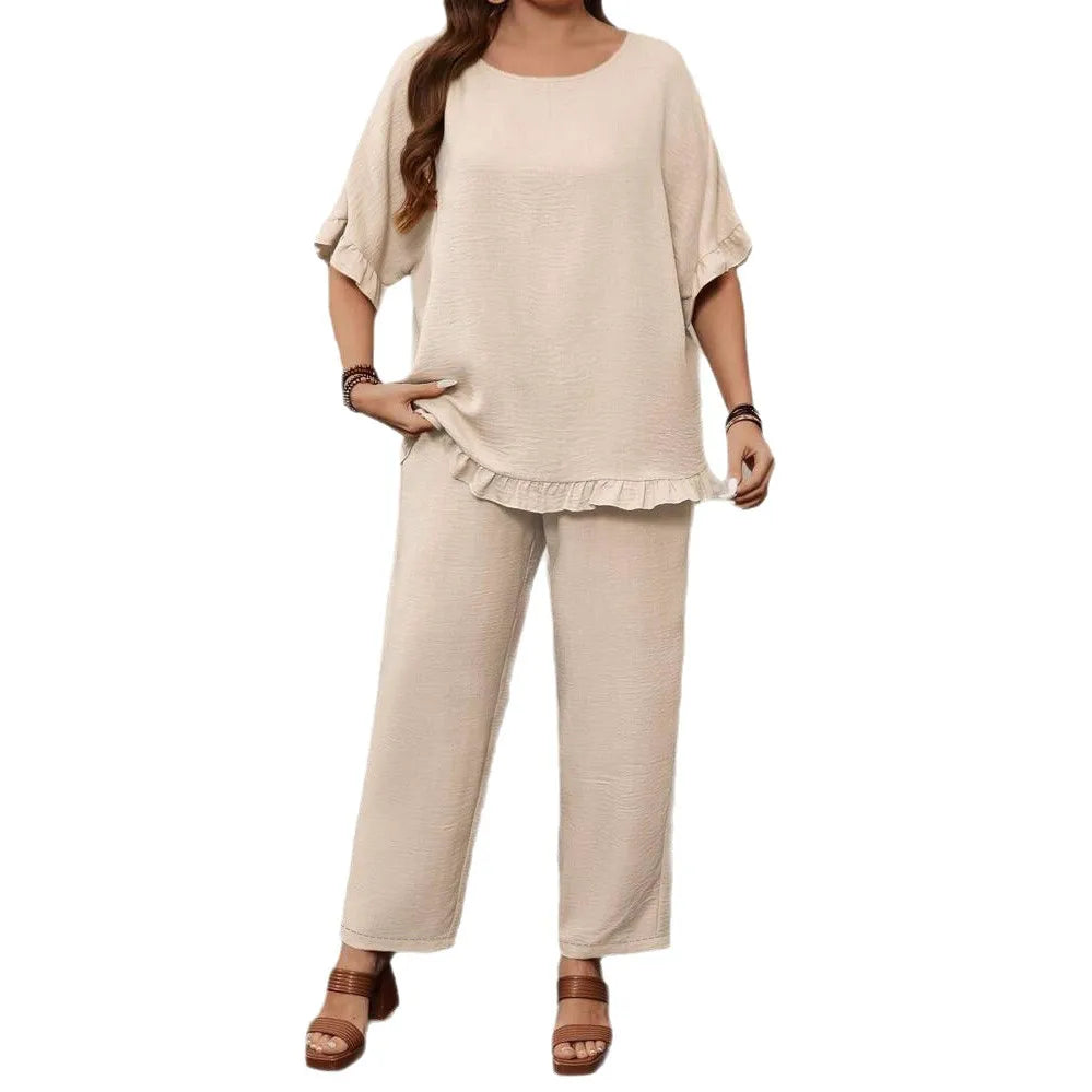 2 Piece Women Sets 2025 Plus Size Summer Autumn Matching Sets Top And Pants Suits Outfits Oversized Clothing apricot