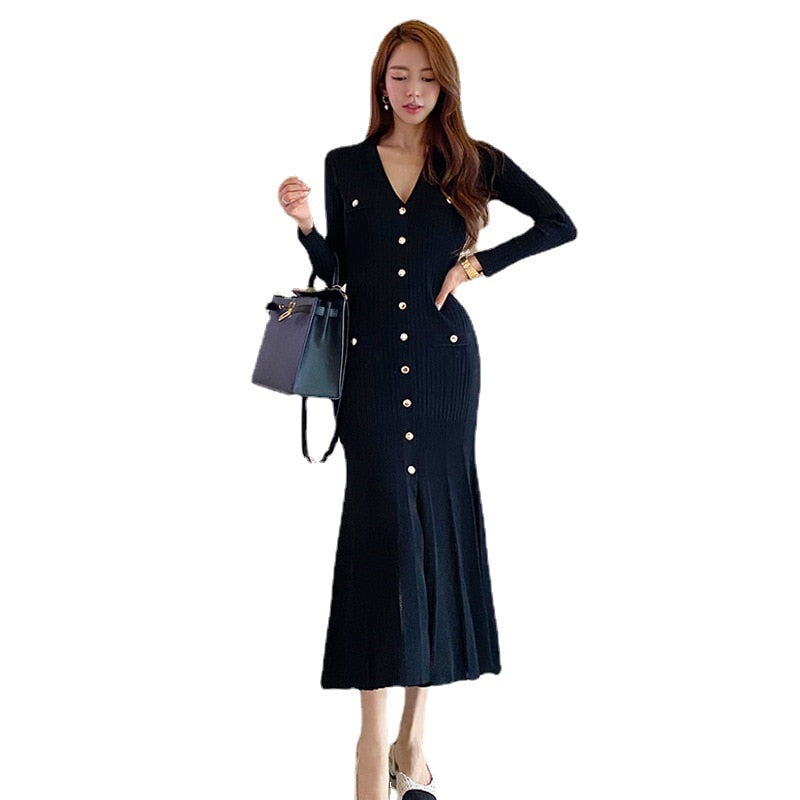 Vintage Korean Maxi Dresses for Women Party Long Sleeve V-neck Mermaid Dress Elegant Fashion Ladies Vestidos Femme Autumn 2024