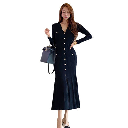 Robe Maxi coréenne Vintage pour femmes, tenue de soirée à manches longues, col en v, style sirène, élégante, mode dames, automne 2023 