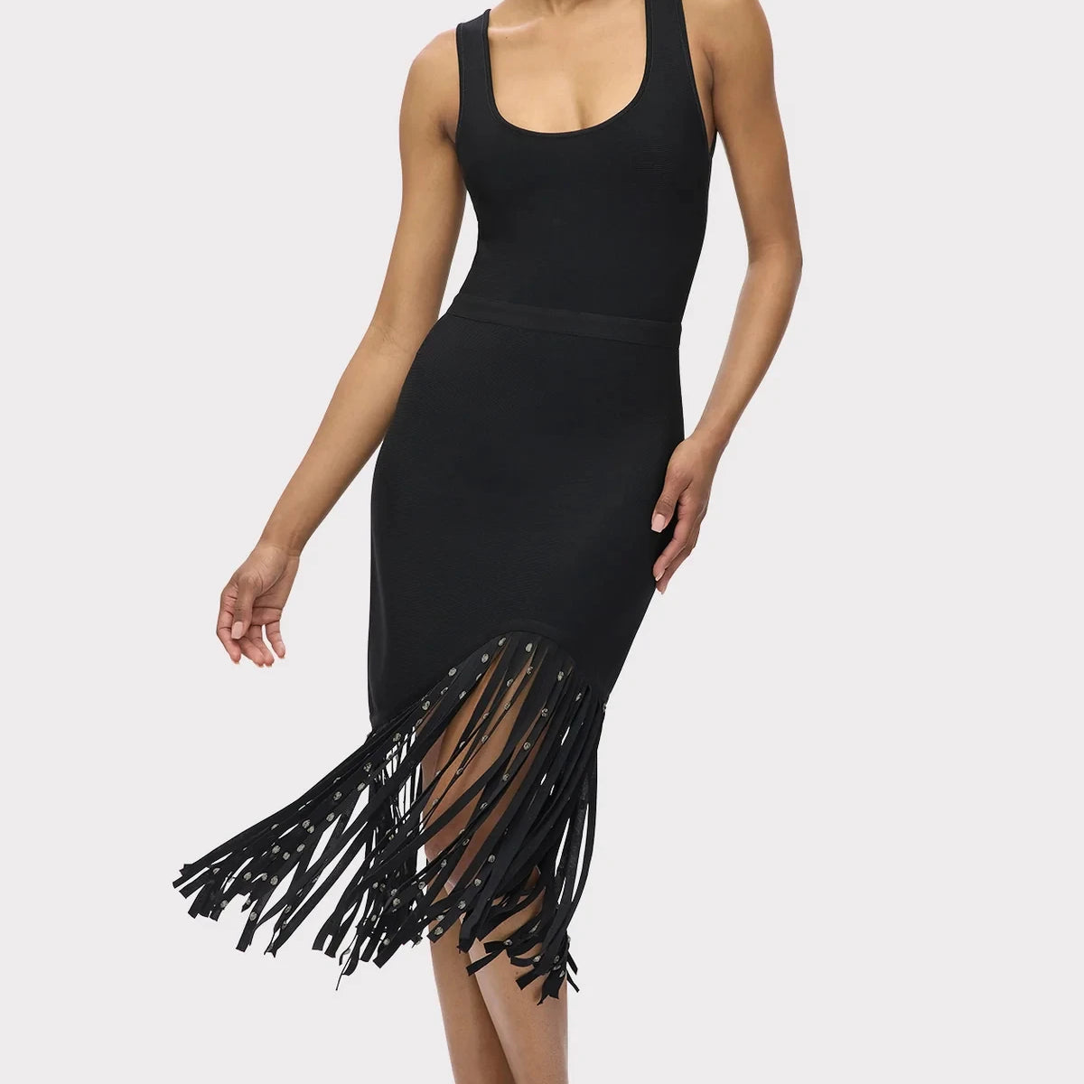 Top Quality Women Sleeveless Sexy O-Neck Shinning Crystal Tassel Bodycon Mid-calf Dress Fashion Celebrate Evening Party Outfit black