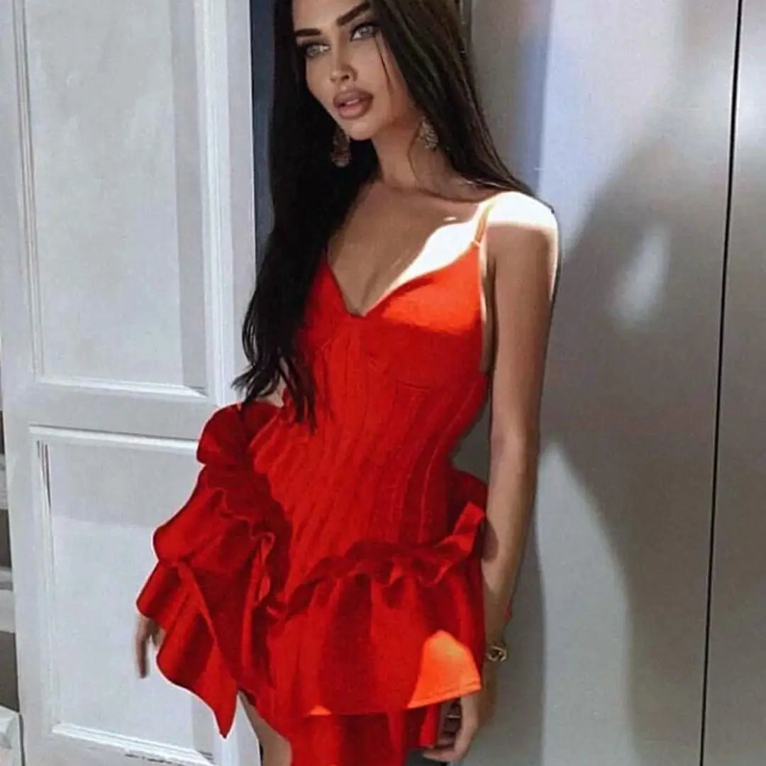 Red Color Women Sexy Sleeveless V-Neck Bodycon Mini Bandage Dress Ruffles Fashion Celebrate Nightclub Party Birthday Dress Red
