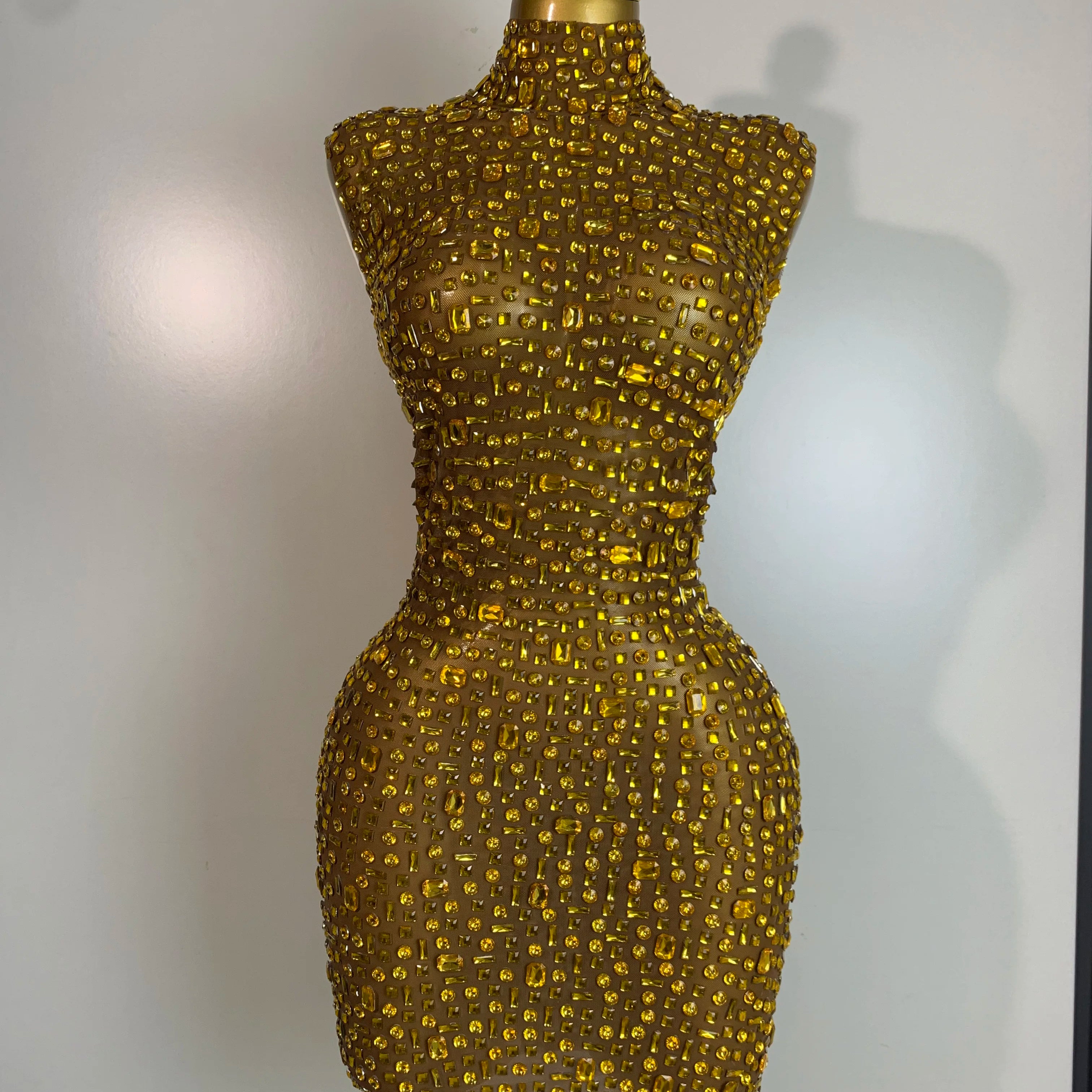 Women Luxury Gold Rhinestone Sexy Mesh Short Dress Sparkly Stage Costume Elegant Party Birthday Dresses Nightclub Singer Outf Gold