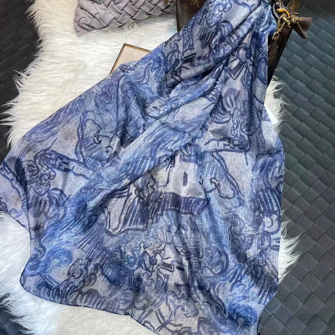 100% Mulberry Silk Scarf Shawl Brand Plum Bossom Design Blue Green Summer Beach Silk Shawls Scarfs Fall Winter Neck Head Scarf ink blue