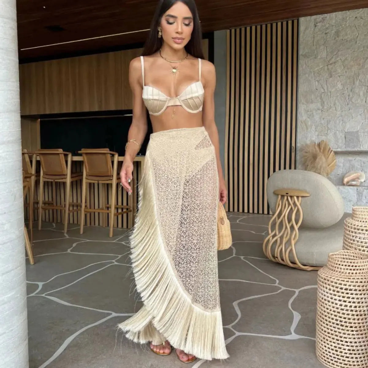 3 Pieces Tassel Bikini Set Women Beach Knitting Skirts Suit Hollow Out Grid Sexy See-Through Party Streetwear Summer Outfit PI23562Z1
