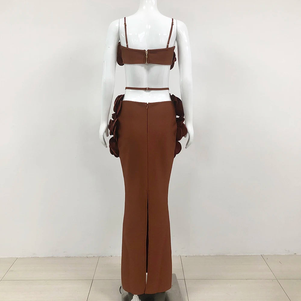 Brown Color Women Sexy Strap Florals Bandage Tops 2 Pieces Bodycon Long Dress Nightclub Party Celebrate Photo Shoot Wear