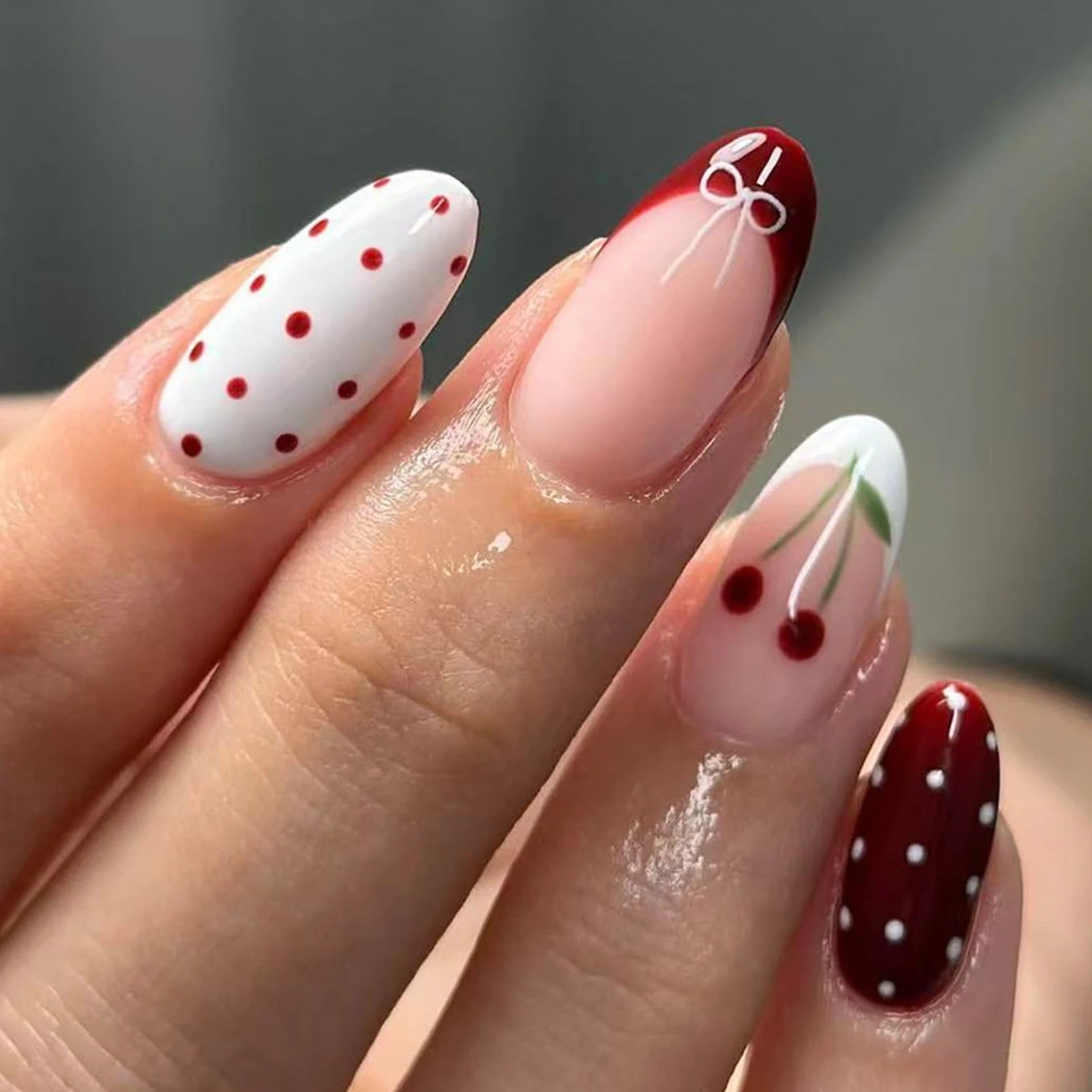 24Pcs Wine Red Almond Fake Nails with Polka Dot/Bowknot/Cherry Designs French Press On Nails Women Girls New Year Charm Manicure As show