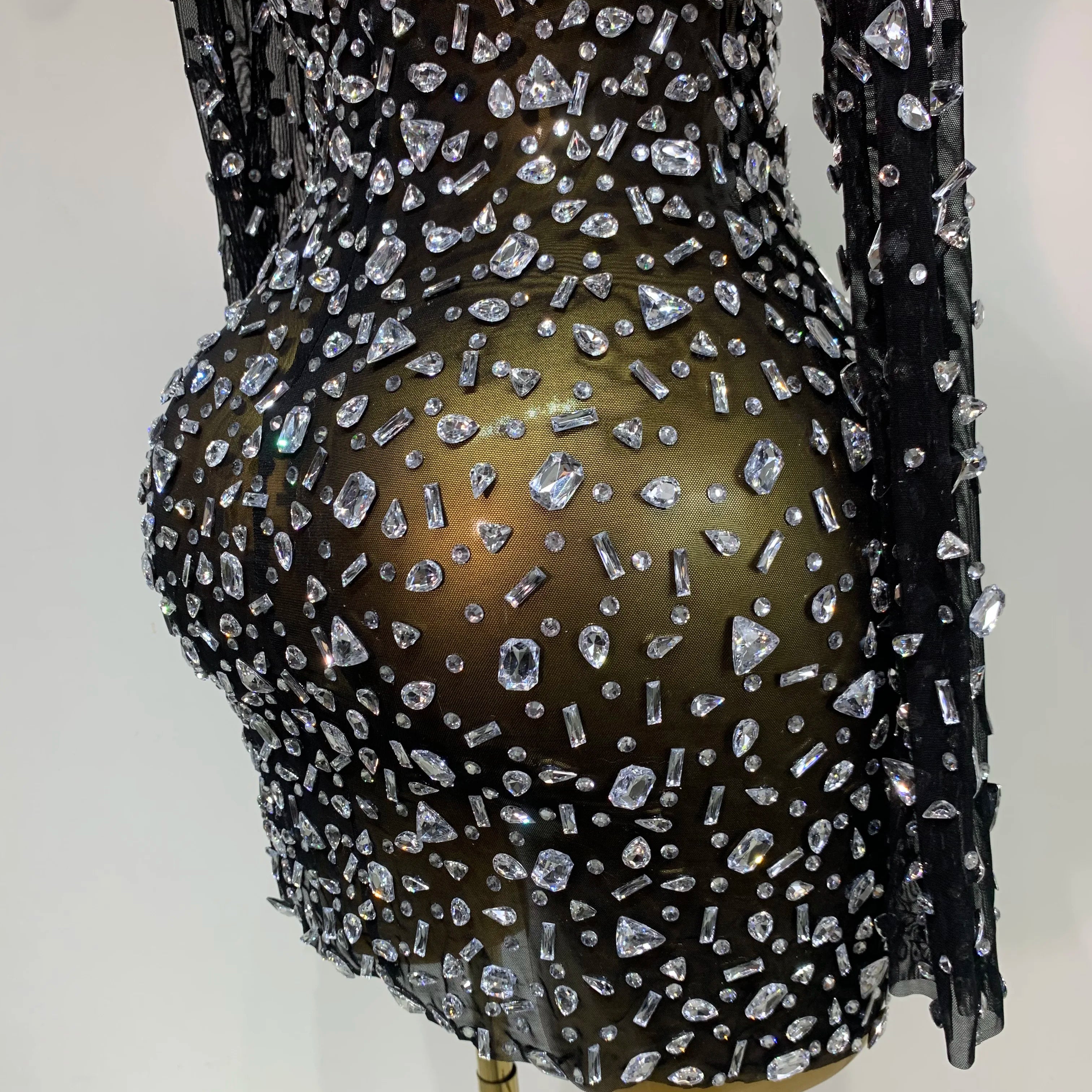 Sparkly Rhinestone Sexy Transparent Mini Dress Celebrity Evening Party Prom Birthday Photo Shoot Nightclub Stage Costume