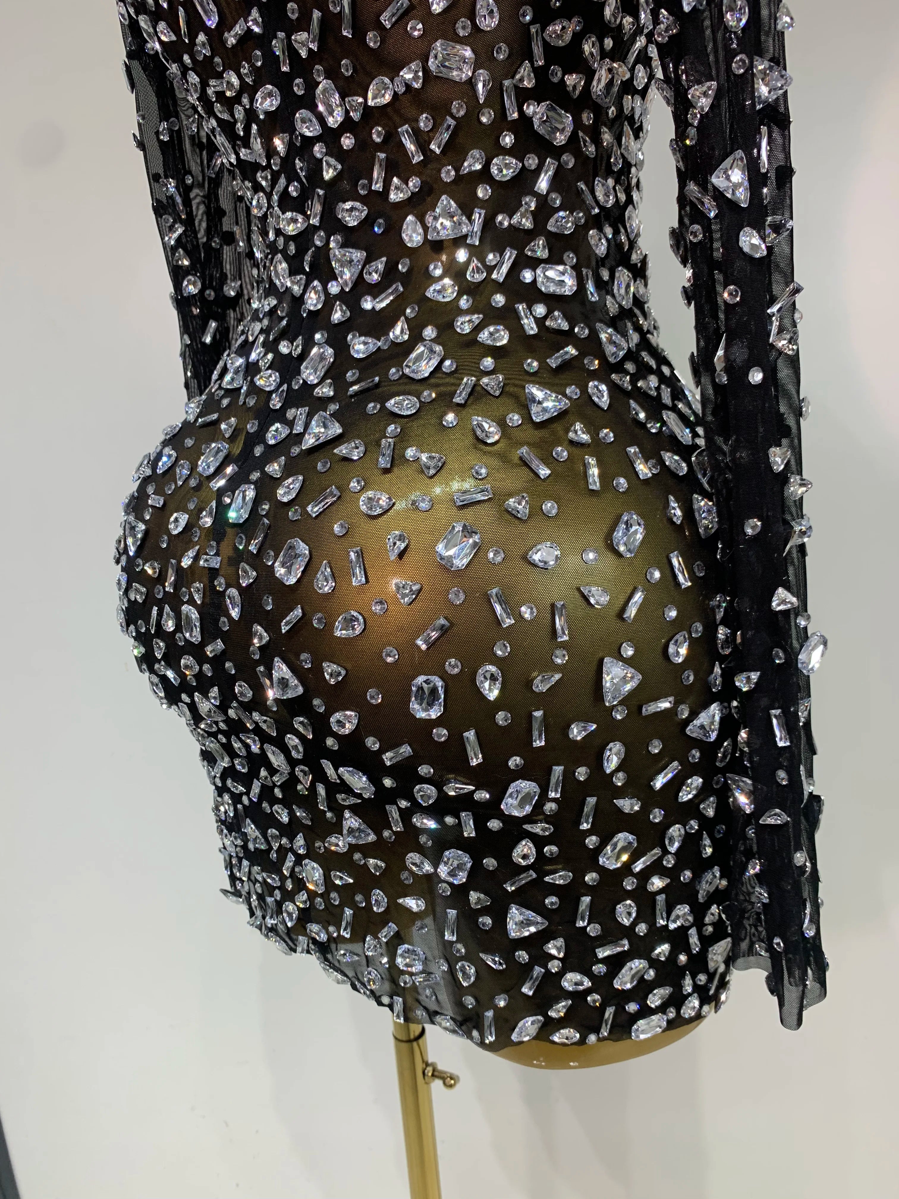 Sparkly Rhinestone Sexy Transparent Mini Dress Celebrity Evening Party Prom Birthday Photo Shoot Nightclub Stage Costume