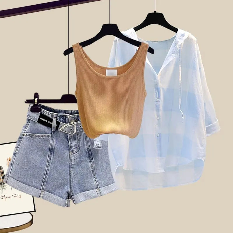Women's Summer Shorts Suit 2024 New Casual Shirt+Strap+High Waist Jeans Three Piece Korean Elegant Blouse Pants Matching Set Set 03