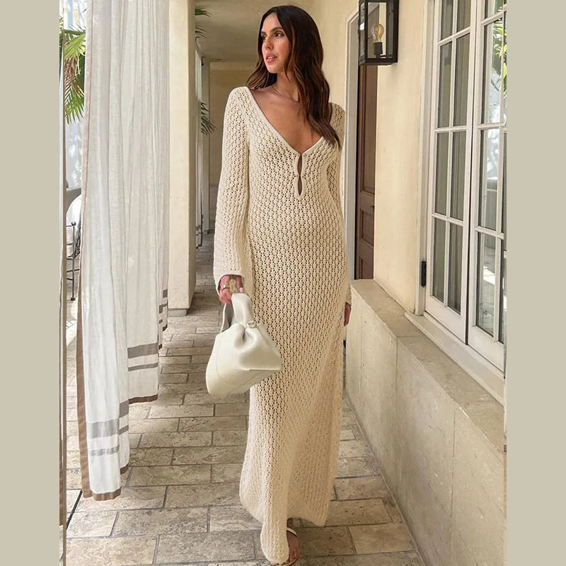 Sexy Women Long Knit Beach Dress Hollow-Out Deep V-Neck Long Sleeve Bikini Cover-Ups Dress Fall Backless Holiday Dress As Photo