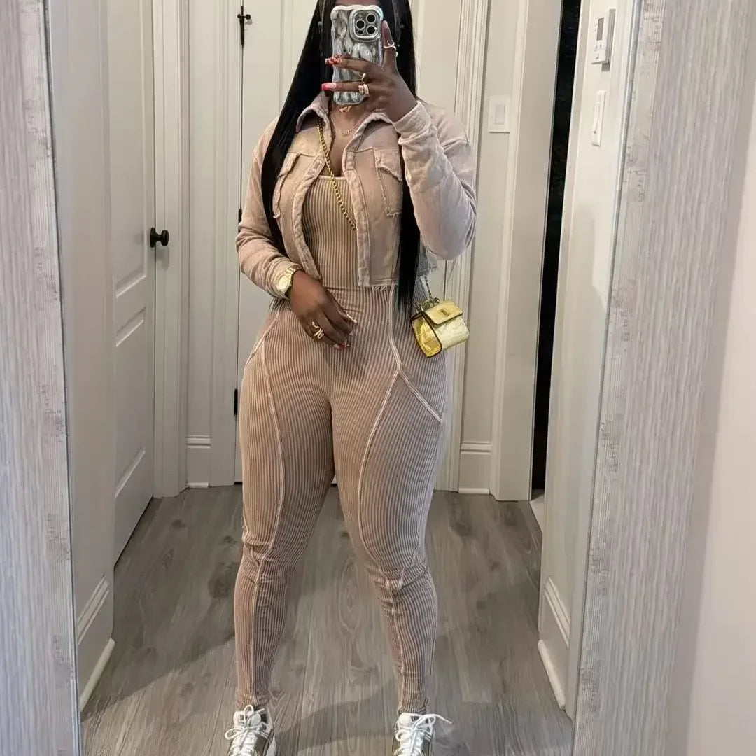 Fashion Women's Set Washed Knitted Long Sleeve V-neck Coats+pencil Jumpsuits Active Two 2 Piece Set Outfits Tracksuit