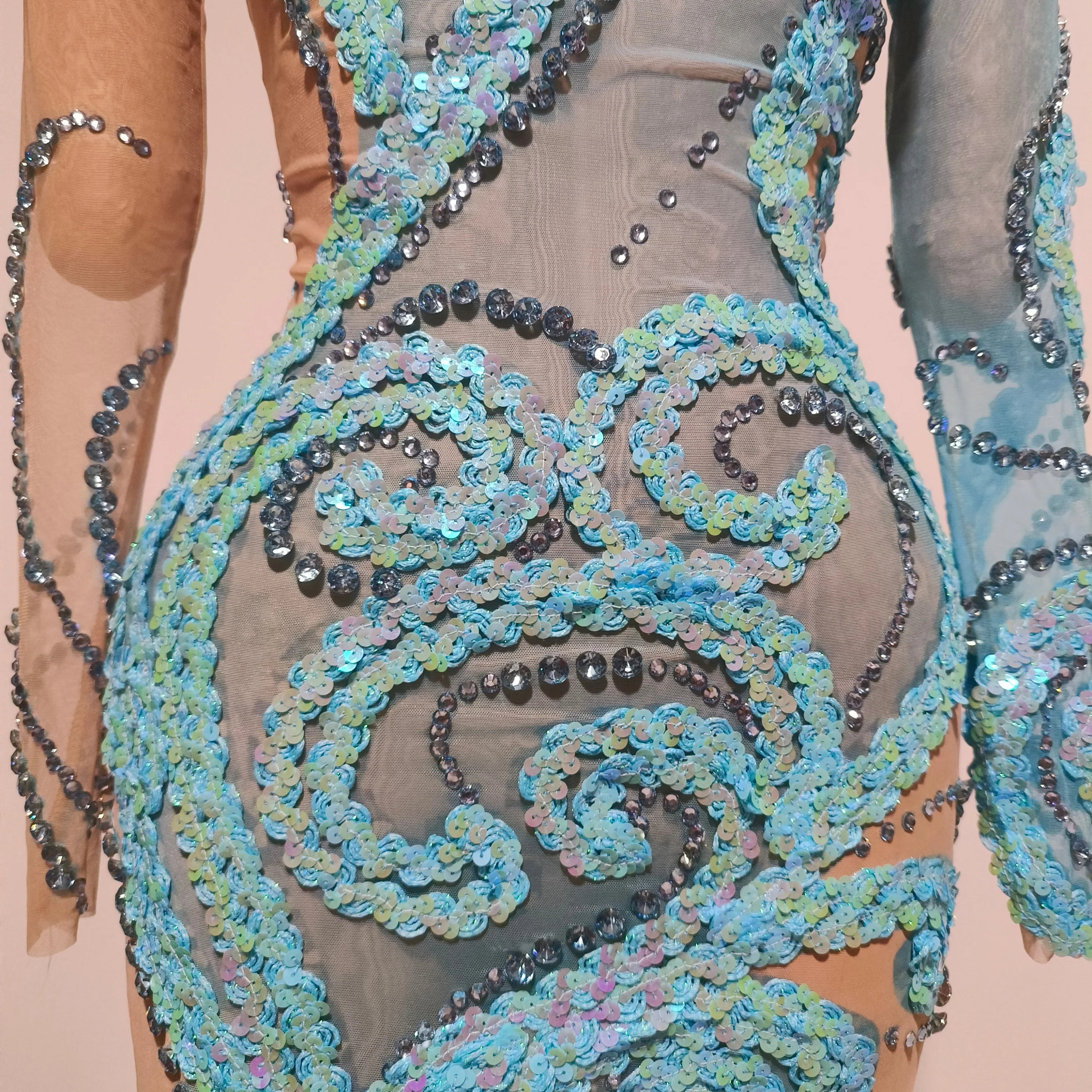 Luxury Sheer Mesh Bodycon Gown Cocktail Party Red Carpet Performance Outfit Elegant Blue Crystal Embellished Mini Dress Women